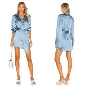 NWT L'Academie Revolve Marta Mini Shirt Dress Satin in "Dusty Blue" Size Small